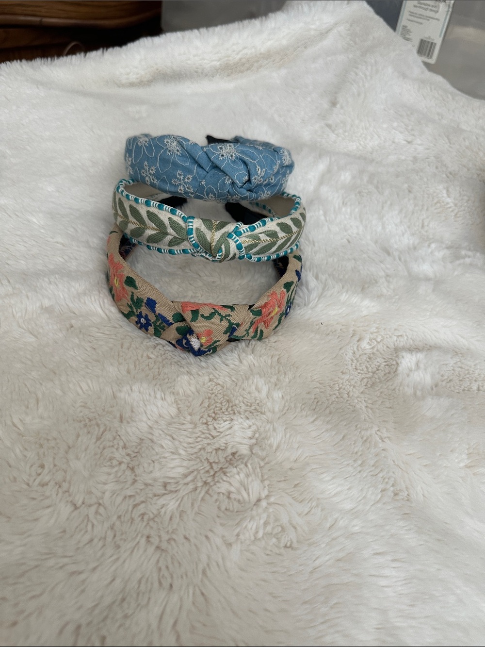 Beige Floral Knotted Headband with Blue & Green Accents